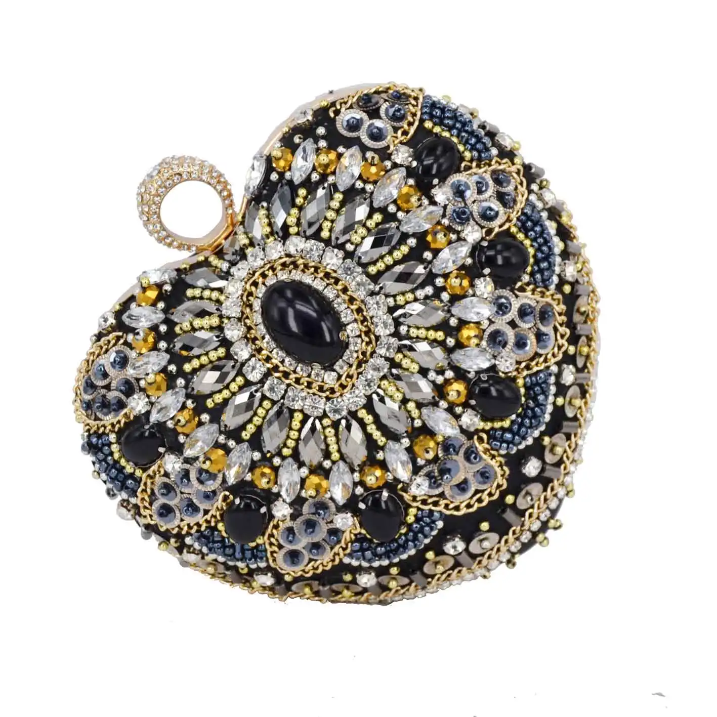 Luxury Black Beaded Clutch Bags Women Pourch Heart Finger Ring Evening Bags Low Price Purse Wedding Chain Mini Shoulder B