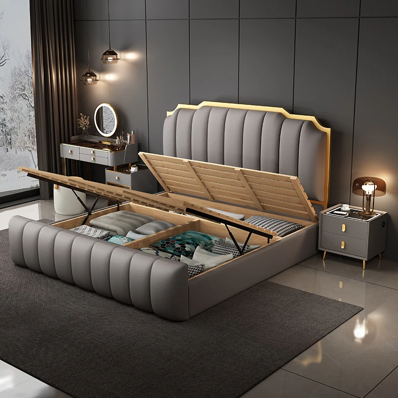 king Size Double Bed Frame Multifunctional Set Designer Latest Modern Luxury Wood Box Bedroom Furniture Soft Up-holstered Beds - view 5