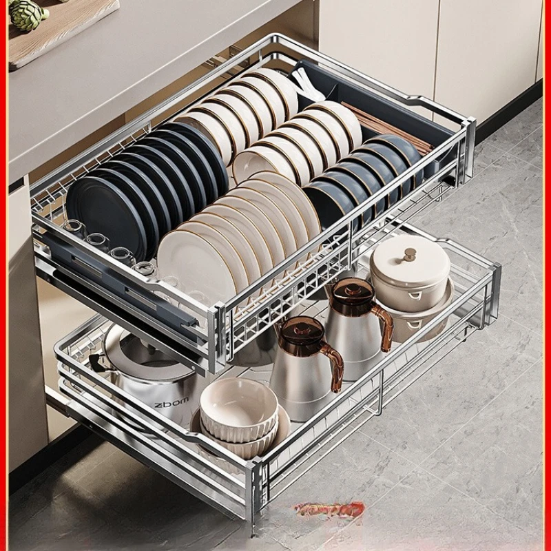 

Kitchen Cabinet Dish Basket 304 Stainless Steel Double Drawer Storage Dish Rack Cabinet Kitchen Cabinet Blue