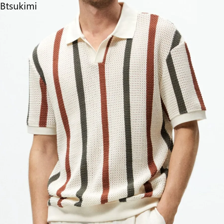 2024 Summer Men\'s Fashion Hollow Out Knitted Polo Shirts Striped Contrast Color Design Business Casual Knitwear Pullover for Men