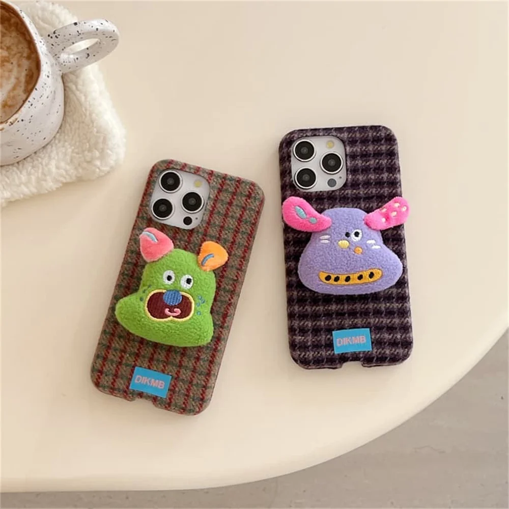 Fashion Cartoons lattice 3D puppy plush Phone Case for iPhone 18 Pro 17 16 15 16 17 Pro 18 Pro Max Cute Cases Protective Cover