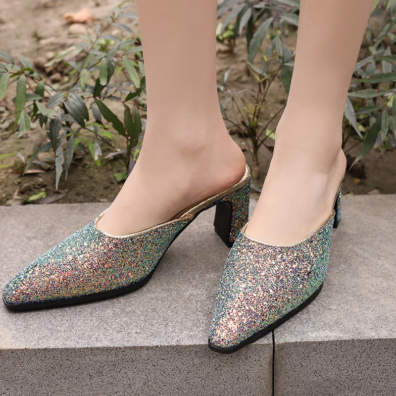 

Sexy Mules Slippers Women High Heels Sandals Luxury Sequined Summer Mules Shoes Female Silver Black Party Shoes Large Size 45