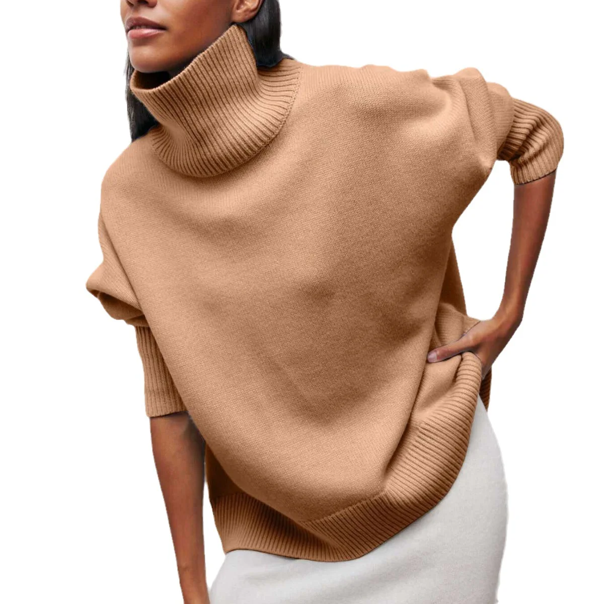 Original Light Luxury O-neck Knit Sweater Autumn And Winter Women\'s Elegant Loose Mock Neck Solid Color Warm Outerwear Sweater