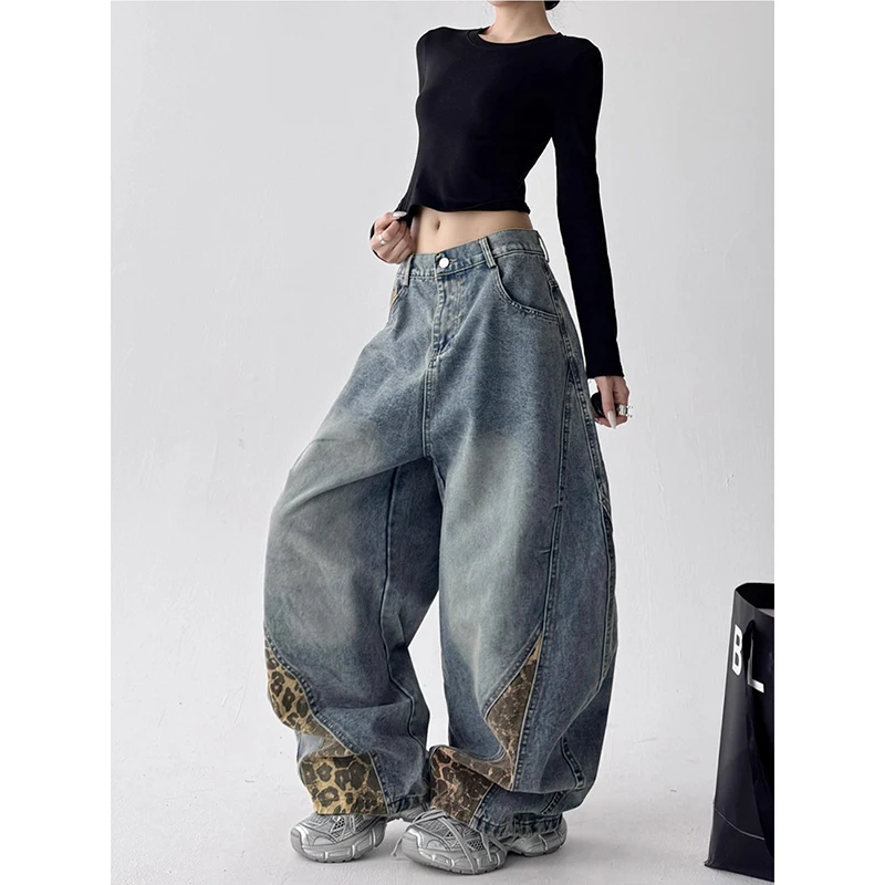 

Women's Blue Y2k Wash Jeans Harajuku 90s Vintage Baggy Boyfriend Denim Trousers Japanese 2000s Style Oversize Jeans Pants Autumn