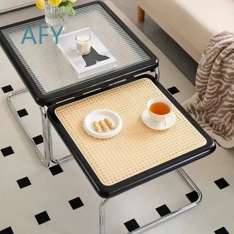 for Simple Postmodern Rattan End Table with Glass Top for Leisure Style Sofa Retro Medieval Rattan Side Table with Glass Top