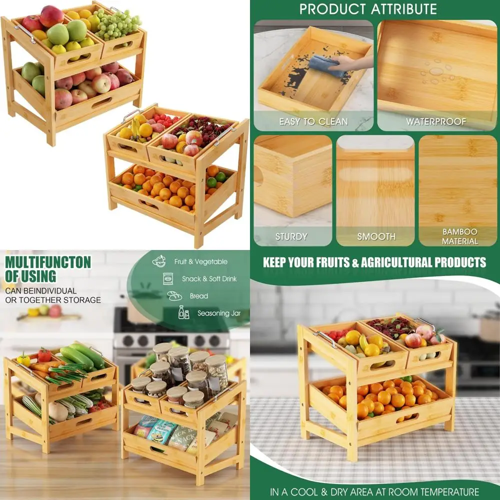 

Подставка для бамбуковой корзины с фруктами на кухонной столешнице — 2-х уровневый держатель для фруктов для хлеба и овощей — универсальный органайзер для подносов с фруктами