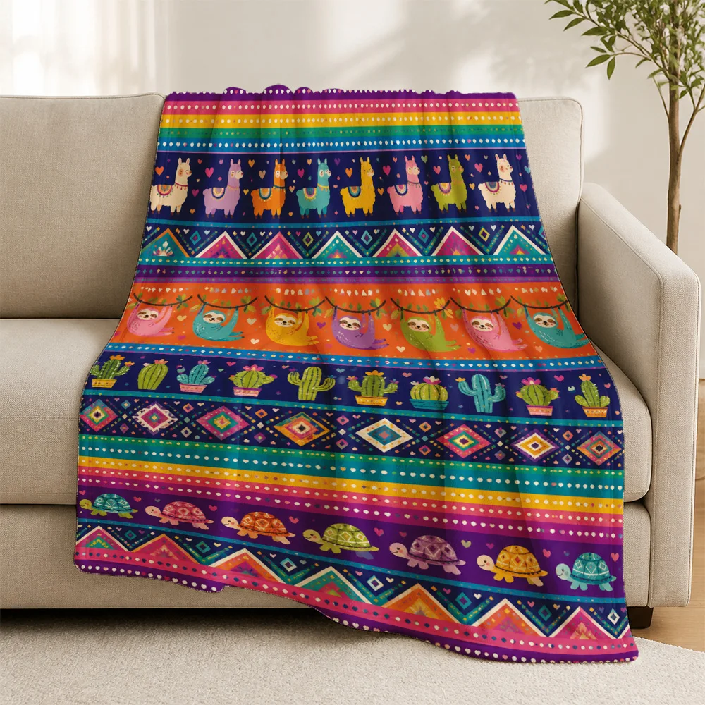 Vibrant Boho Cactus Sloth Pattern Throw Blanket for Couch Sofa Throw Cozy Living Room Home Decor Gift Tropical Print