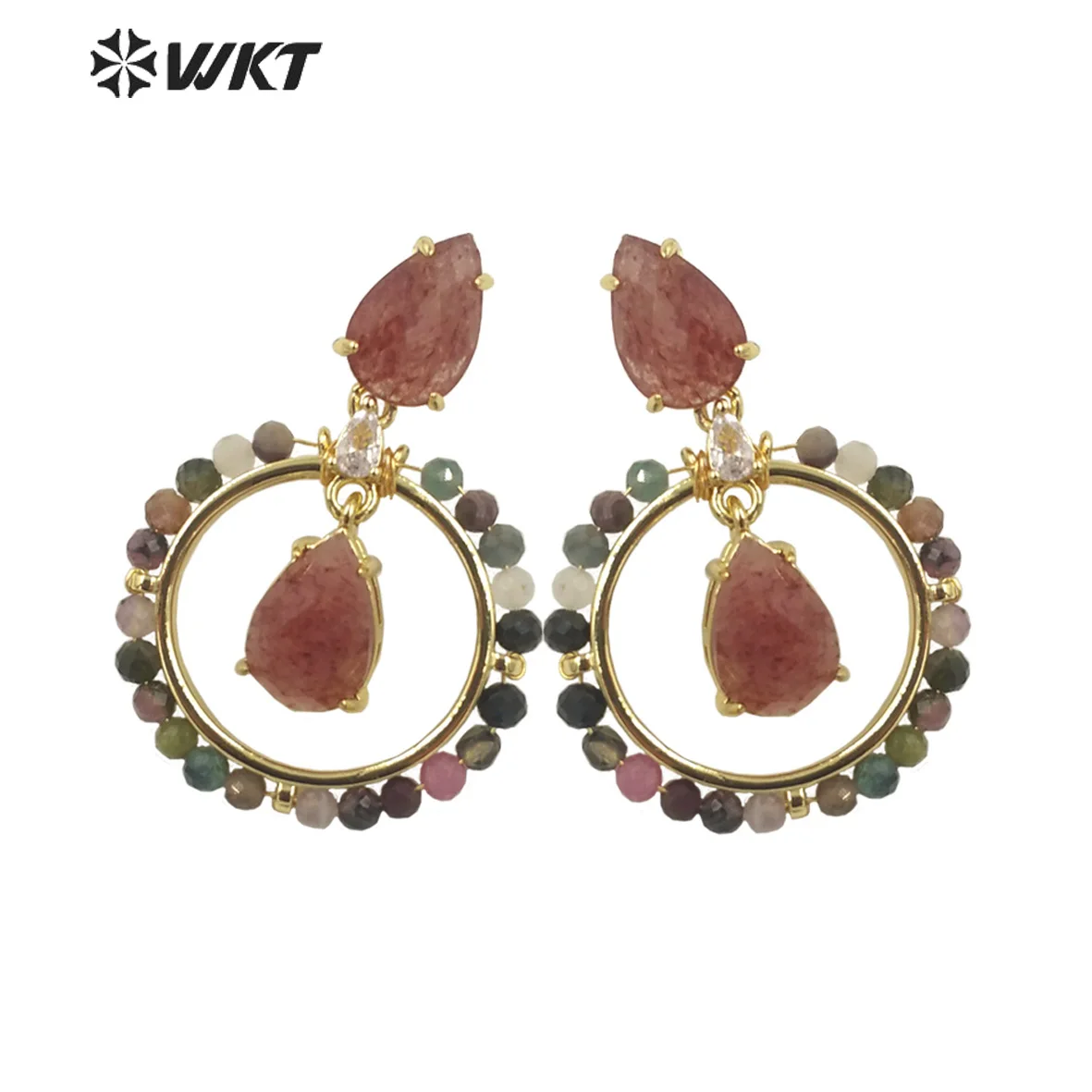 WT-E714 WKT Newest Summer Design Gorgeous Multi Natural Gemstone Big Hoop Earrings 18k Gold Plated Lead Free Amazonite Stone ACC