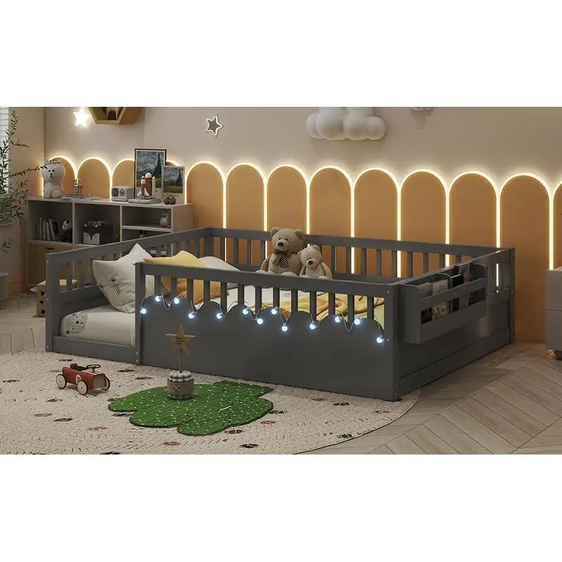 إطار سرير أرضية مونتيسوري بالكامل مع قضبان عالية، سرير أرضية خشبي للأطفال، رمادي مع رف تخزين، توقع تاريخ وصول أغسطس
