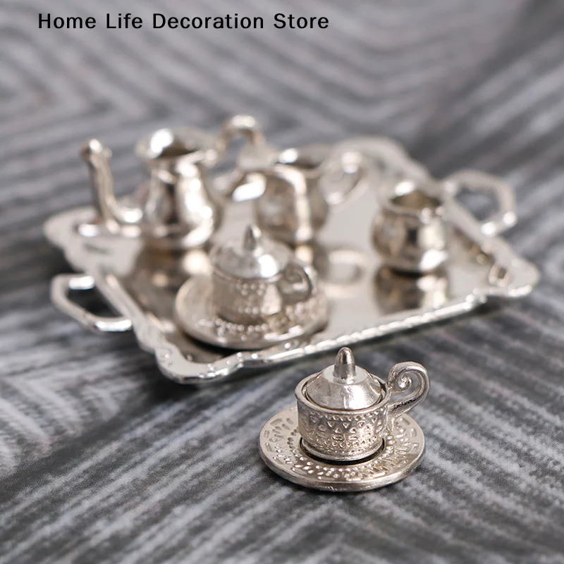 【TG】10Pcs 1/12 Dollhouse Miniature Silver Metal Tea Coffee Tray Tableware Set Mini Doll House Decoration