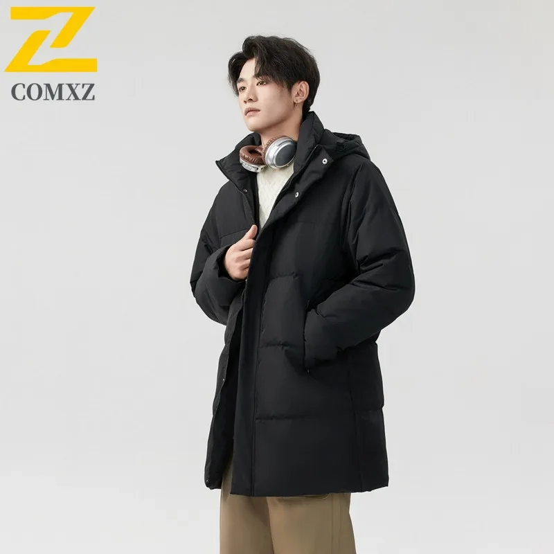 COMXZ Urban Hiking 2025 Mens Down Jacket Premium Hooded Travel Comfortable Parka Fashion Outdoor Cold Resistant Winter Coats