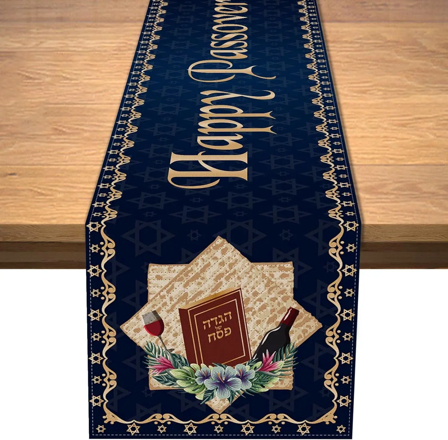 Happy Passover Linen Table Runner Holiday Party Decorations Pesach Star of David Jewish Festival Home Kitchen Dining Table Decor