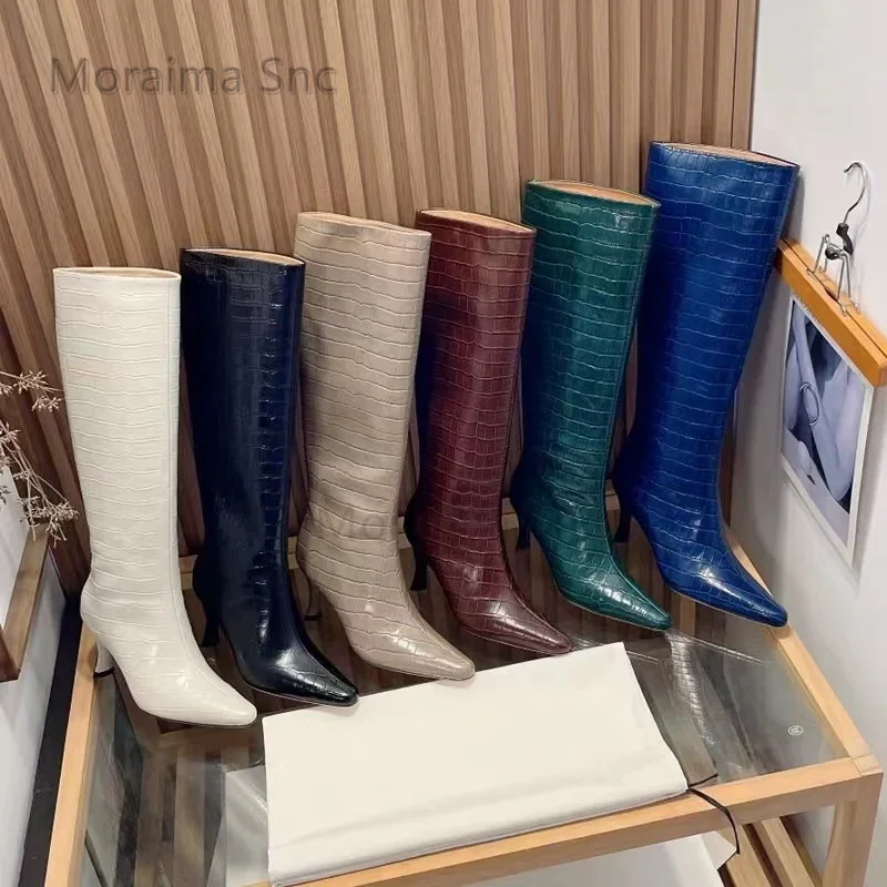 Stone Pattern Stiletto Knight Boots Women Pointed Toe High -Tube Thin High Heeled Leather Boots Knee High Boots Women's Shoes