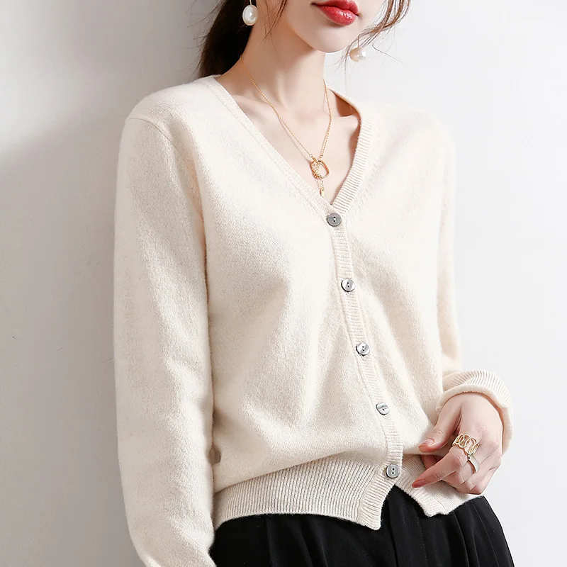 

Fashion 100% Merino Wool Comfortable Button Cardigan Cashmere Autumn Winter Soft Long Sleeve Minimalist Basic Solid Color Top