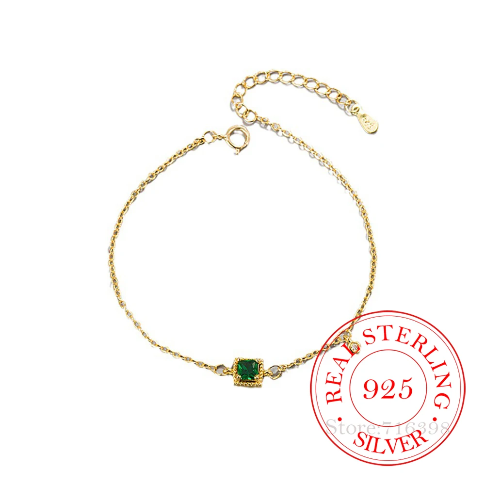 Luxury S925 Sterling Silver Female Bracelet 14K Gold Square Emerald Crytal Bracelets For Women Girls Fine Jewelry Wedding Gift