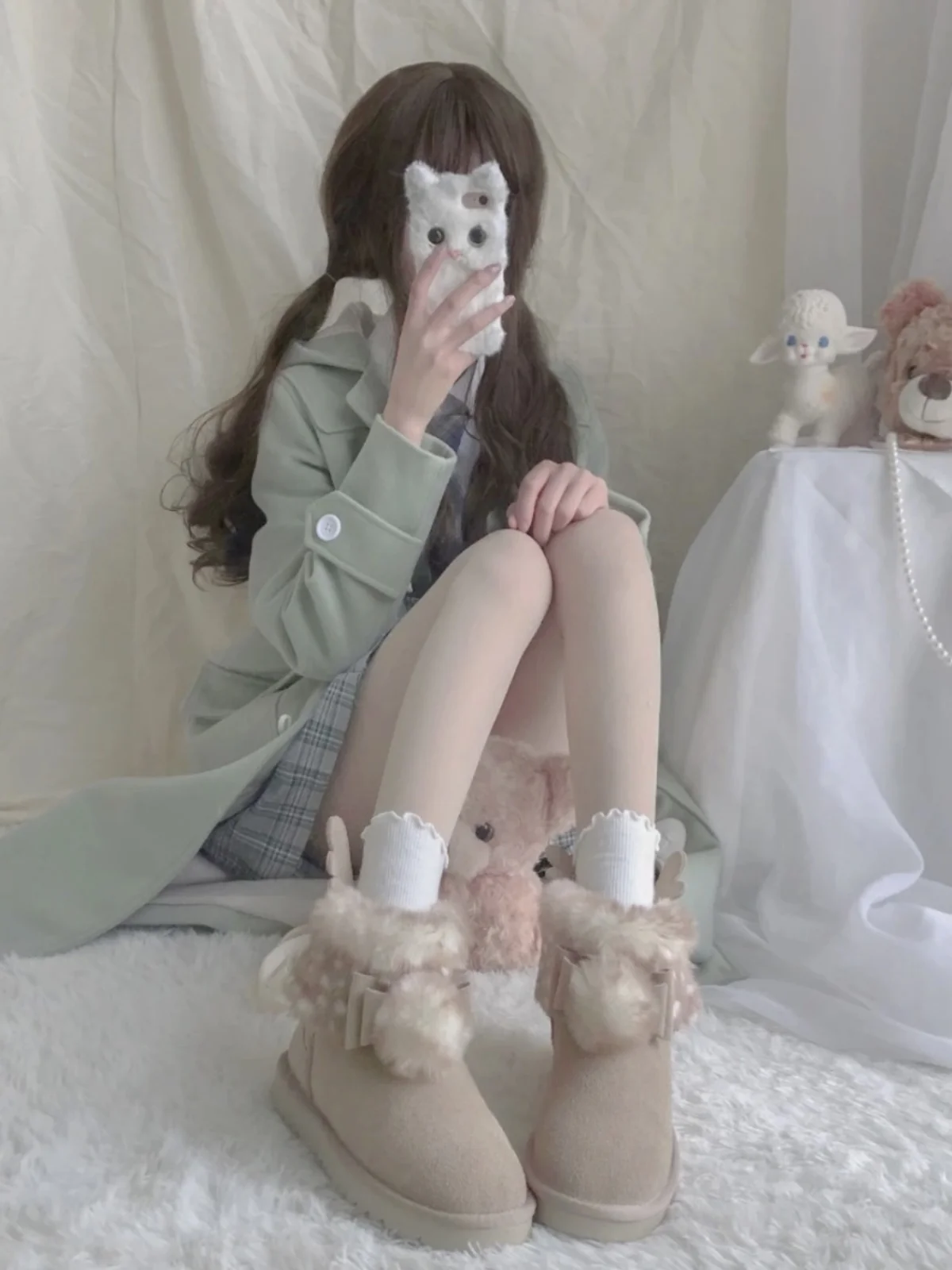 Little Elk Original Short Non-slip Snow Boots Women's Fleece Thickened Japanese Cute Lolita Shoes  Artificial Short Plush Shoes