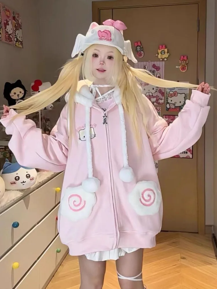Kawaii Japans meisje Thiened Fce Hoodie Herfst Winter Loose Fit Cartoon Print Lange Sve Rits Vest Sle Sweatshirt