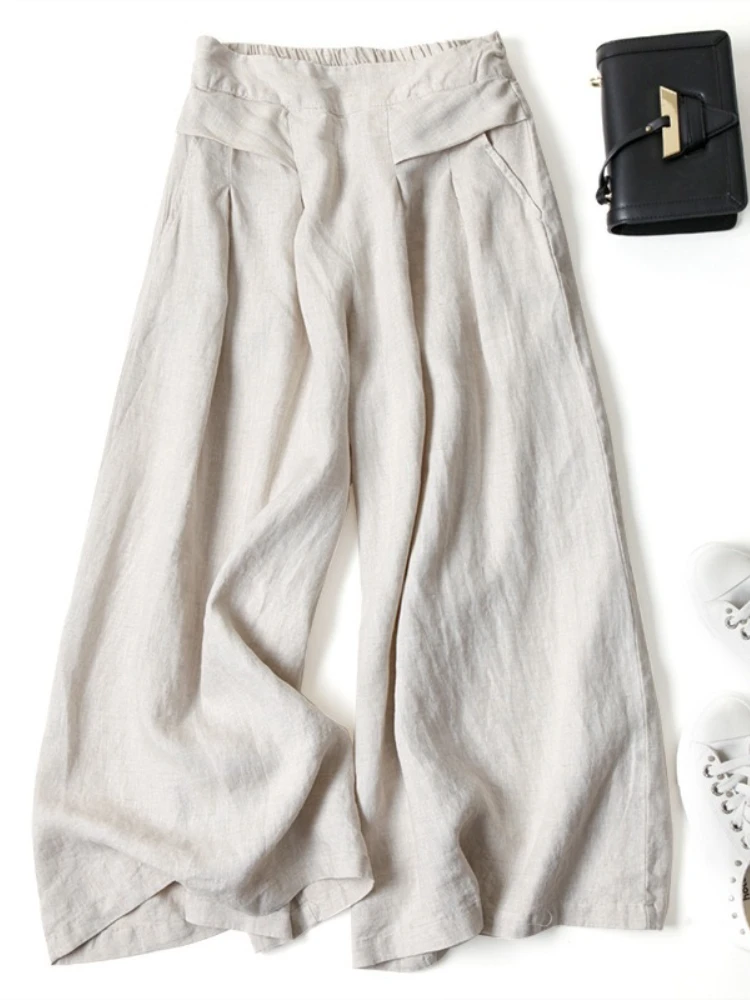 Novo no verão algodão linho calças femininas de perna larga lazer moda formal calças streetwear elegante solto roupas femininas