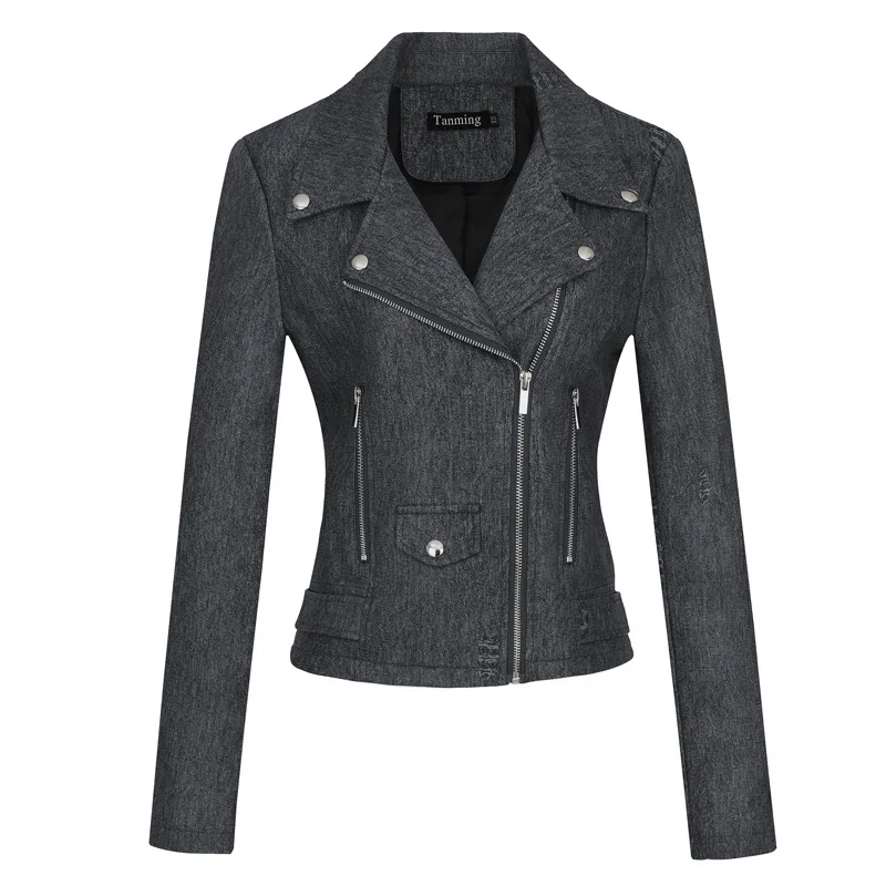 Women's Casual Solid Color Fitted Motorcycle Jacket Denim Denim Fashion 2025 New Style
