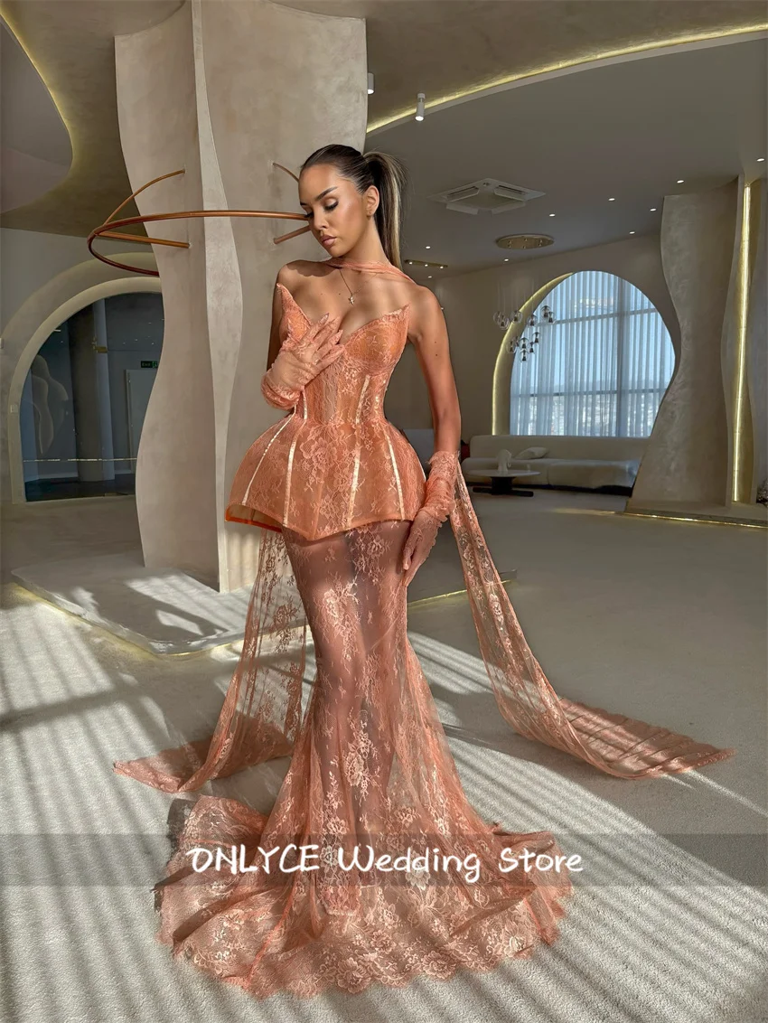 新しいファッションレースオレンジパーティードレスセクシーな手袋誕生日エレガントなフォーマルな機会プロムドレスナイトクラブvestidoカスタマイズ