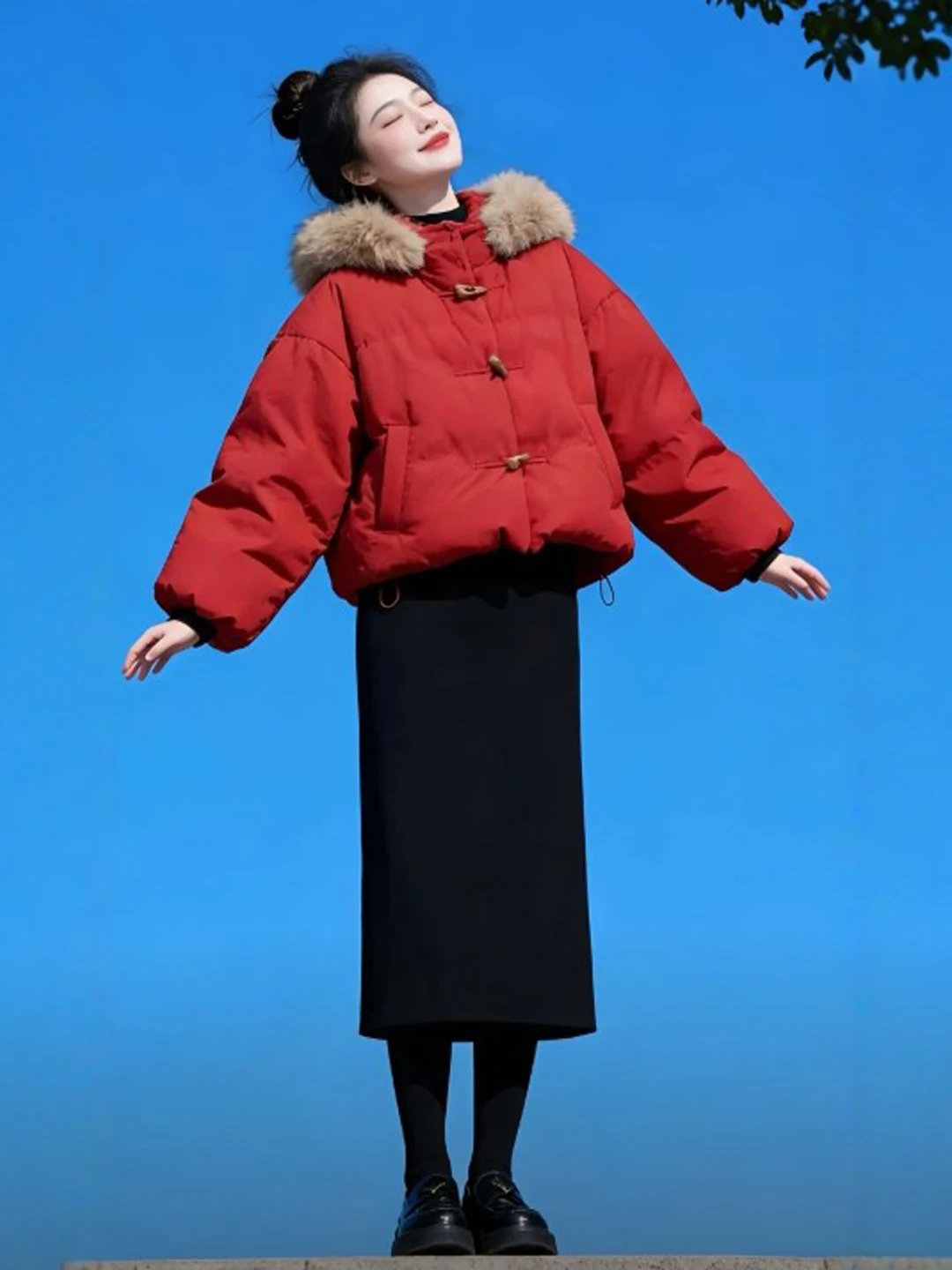 

Unique ort Red Hooded Cotton Jaet Small Size Beautiful Korean Sle Women's Spring Outerwear Thiened Long Sve Coat