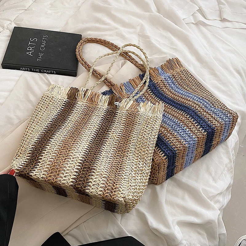 Striped Beach Straw Bag Large Capacity Shoulder Bag For Women Handmade Woven Handbag Raffia Rattan Bag Vacation Casual Tote Bag