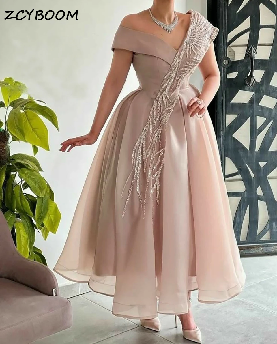 Vestidos de Noche elegantes personalizados con hombros descubiertos, color rosa, sin mangas, con lentejuelas brillantes, hasta el tobillo, para