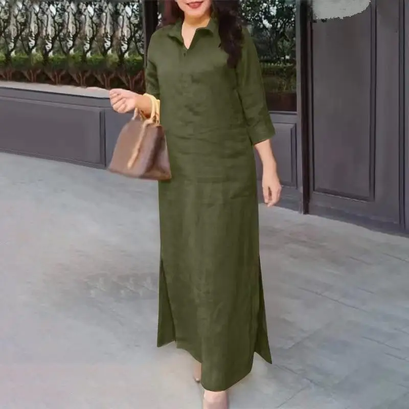 Femmes robe unie chemise col rabattu robes longues élégant décontracté robes amples droite bureau dames été