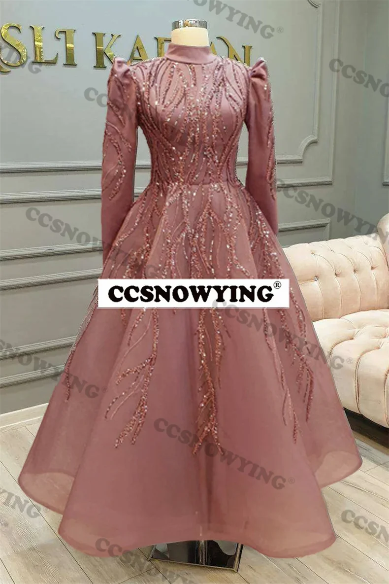 

Organza Appliques Beaded Hijab Muslim Evening Dresses Long Sleeve Islamic Women Formal Party Gown Arabic Dubai Robe De Soiree