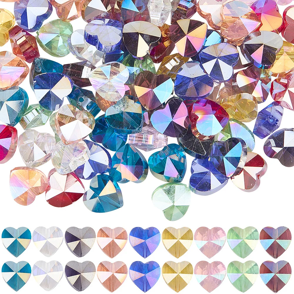 1 Box 100Pcs 10Colors Glass Heart Bead Electroplated Beads Bulk Transparent Faceted Love Hearts Shaped Loose Spacers for Jewelry