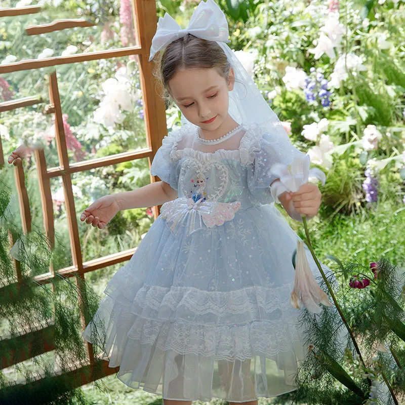 

2024 New Lace Girls Dress Birthday Party Puffy Tulle Dress Summer Lolita Princess Festival Girl Elsa Cute Baby Ball Gown 3-10Yrs