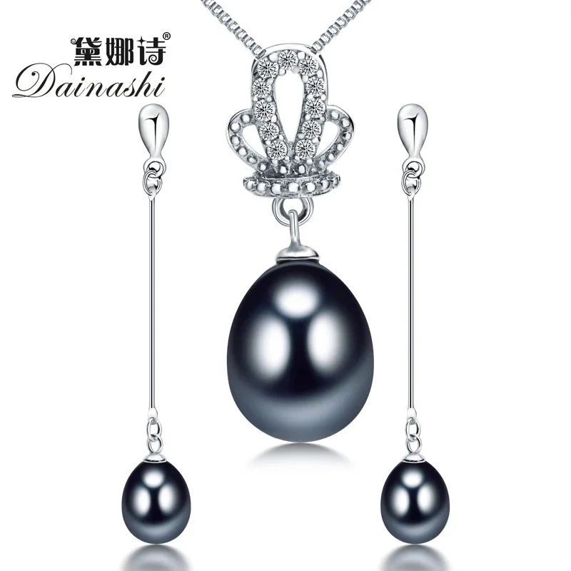 925 Sterling Silver Natural Freshwater Pearl Sets Zestaw biżuterii ślubnej Kolczyki wiszące Naszyjnik Prezent dla kobiet