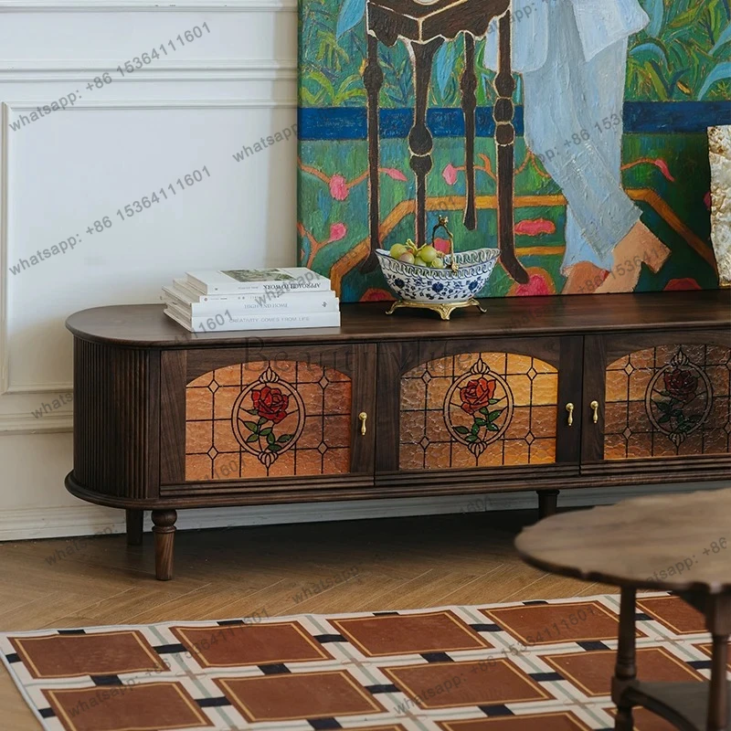 Josephine black walnut solid wood TV cabinet retro living room home stained glass