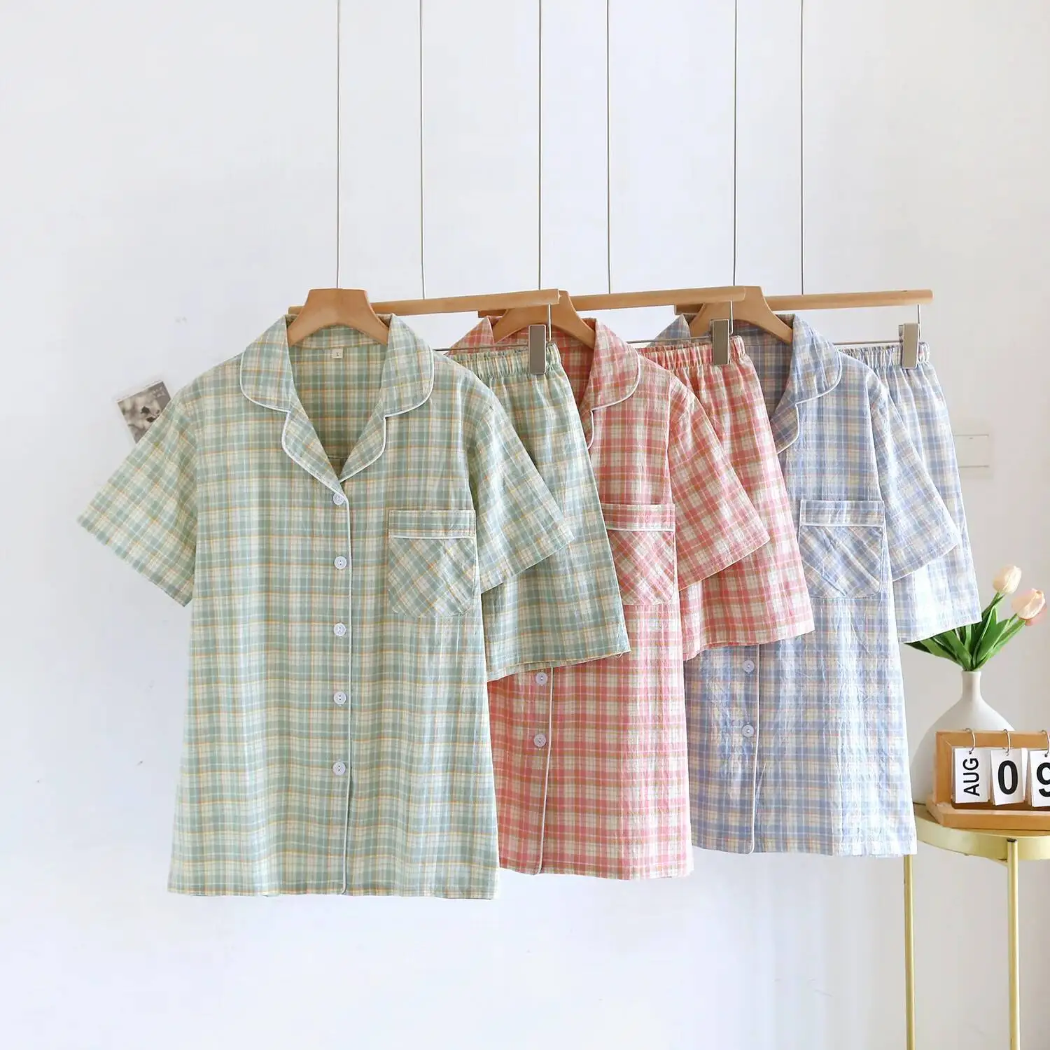 

Spring Summer Thin Women's Pamas Cotton Plaid Design Short-Sleeved Shorts Simple And Loose Loungewear Set