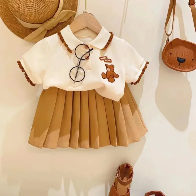 2024 Summer Korea Kids Clothes for Girls Cute Bear Polo T-shirt + Pleated Skirt 2 Piece Suit Baby Girls Strawberry Polo Dress