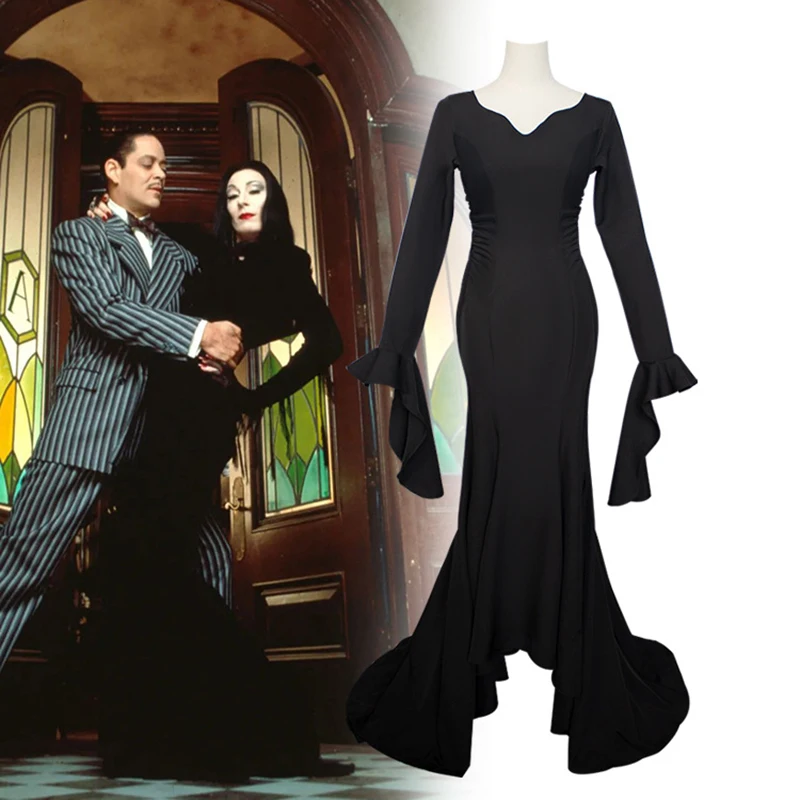 

Addams Wednesday Morticia Addams Cosplay Costume Halloween Sexy Dress Wig Adult Women Punk Gothic Witch Lace Up Slim Gown Dress