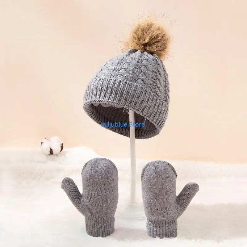 الشتاء الدافئة الطفل بلون قبعة قفازات مجموعة الفراء الكرة بيني قبعة القفاز عدة الأطفال الفتيات الفتيان محبوك هيمينغ قبعة 62CF #3