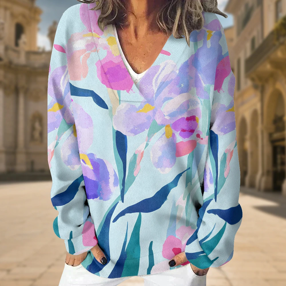 

Стильный свободный свитшот с v-образным вырезом и цветочным принтом для женщин, красочный дизайн, пуловер с длинными рукавами, мягкий повседневный топ для отдыха, большие размеры