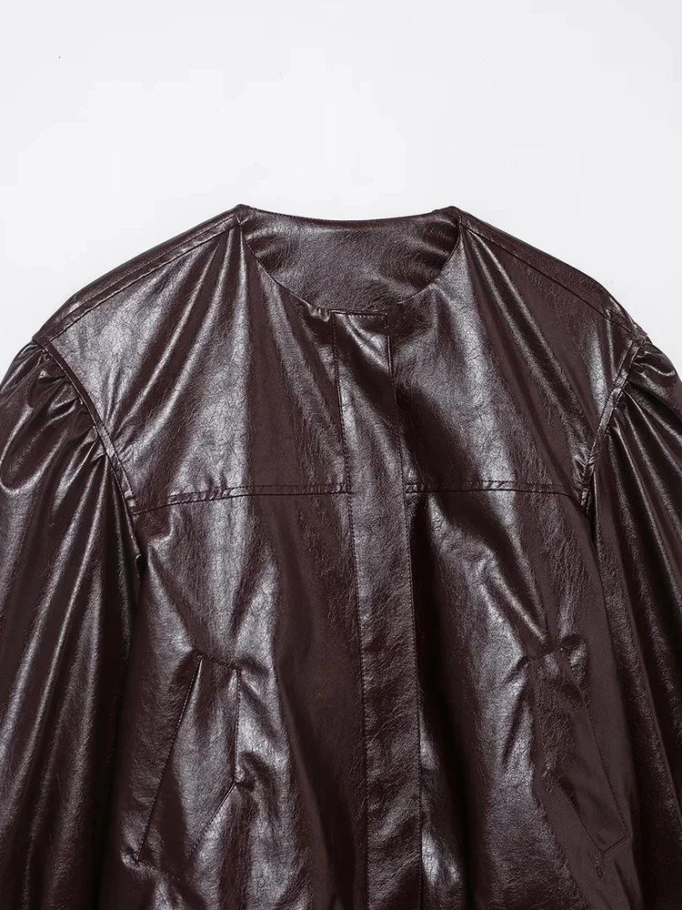 Dames nieuwe mode PU lederen motorjas dames ronde hals enkele rij knopen korte jassen herfst nieuw