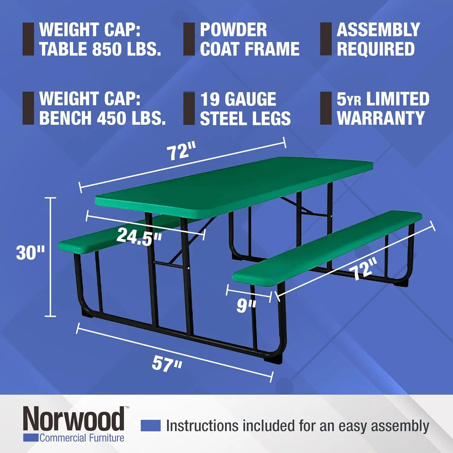 Furniture Rectangular Picnic Table with Benches, Blow-Molded Plastic Portable Outdoor Picnic Table, Green