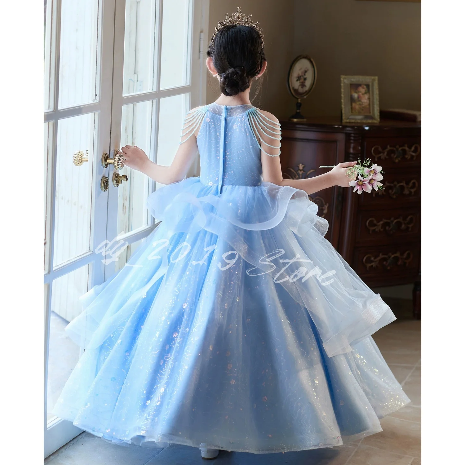 Light Ice Blue Lace Flower Girl Dress Glitter Layered Tulle Long Princess Gown with Oversized Ruffle Bow for Wedding & Pageant