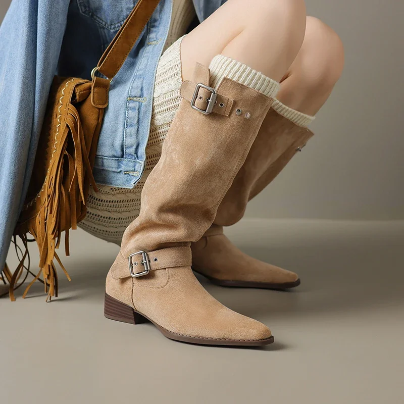 Vintage Metal Belt Buckle Pleated Western Boots Pointed Square Heel Suede Rider Boots Heightened Slim Women's Long Boots Sneaker