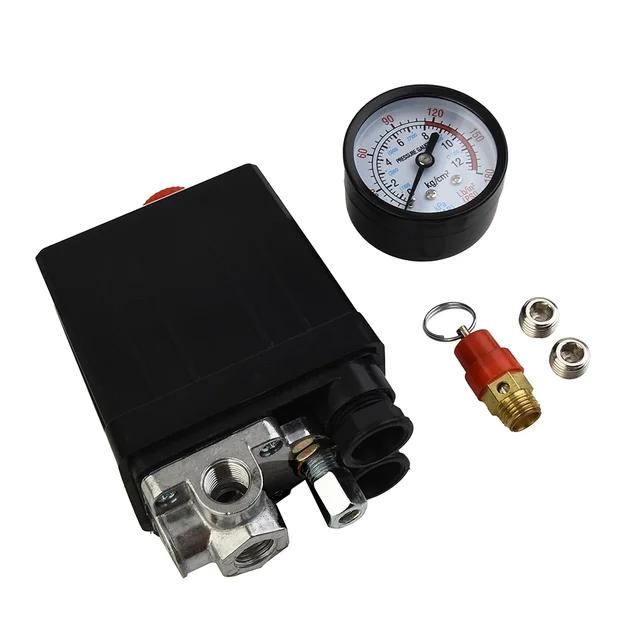 Elettrovalvola 175psi 4 Port Air Compressor Pressure Switch Manifold Regulator Aluminum Alloy Safety Pressure Valve All Black Bracket Pneumatica — dettaglio 1