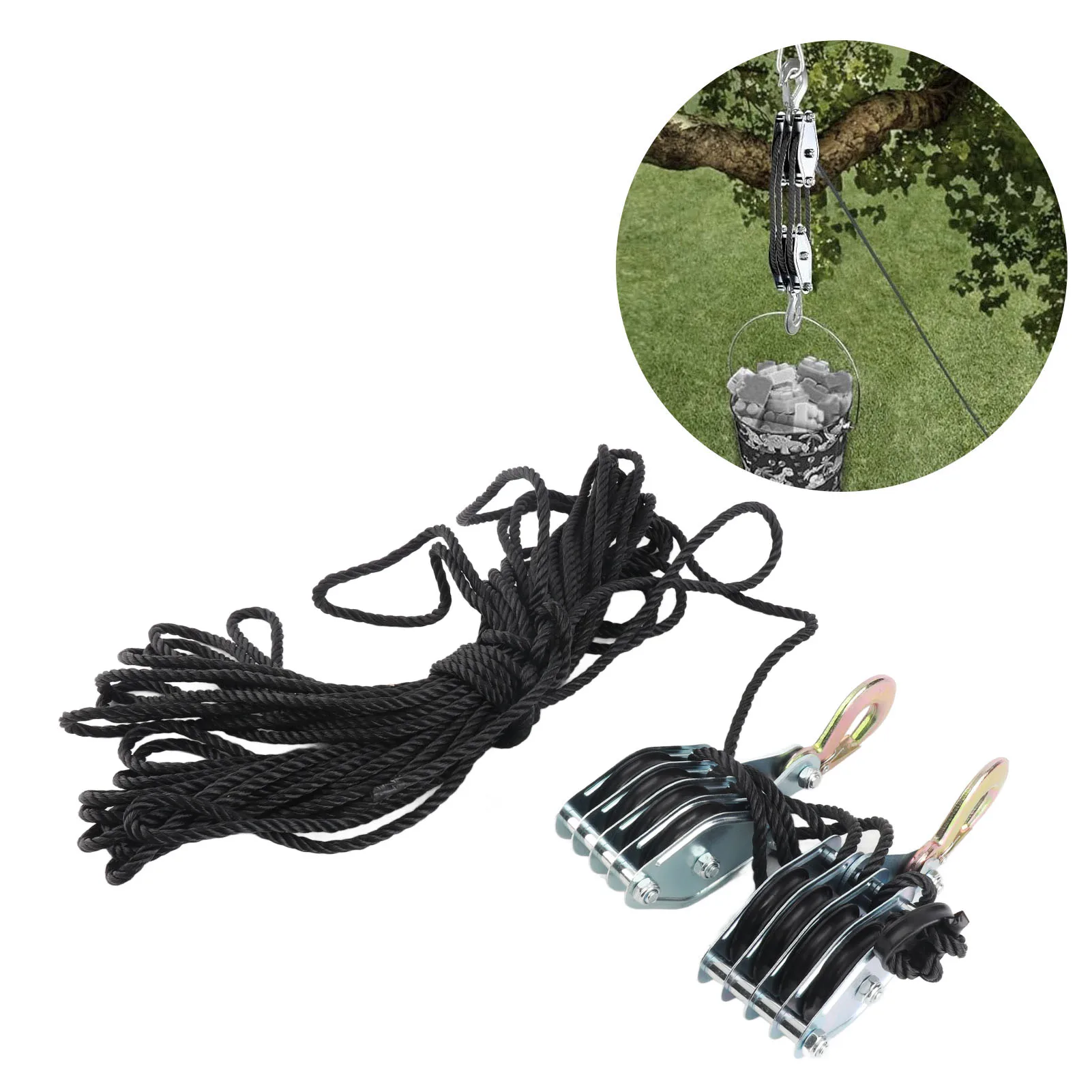 Rope Hoist Pulley System 4400lb 8:1 Ratio Lifting Power Heavy Duty Block Tackle Alloy steel for Lifting Heavy Objects