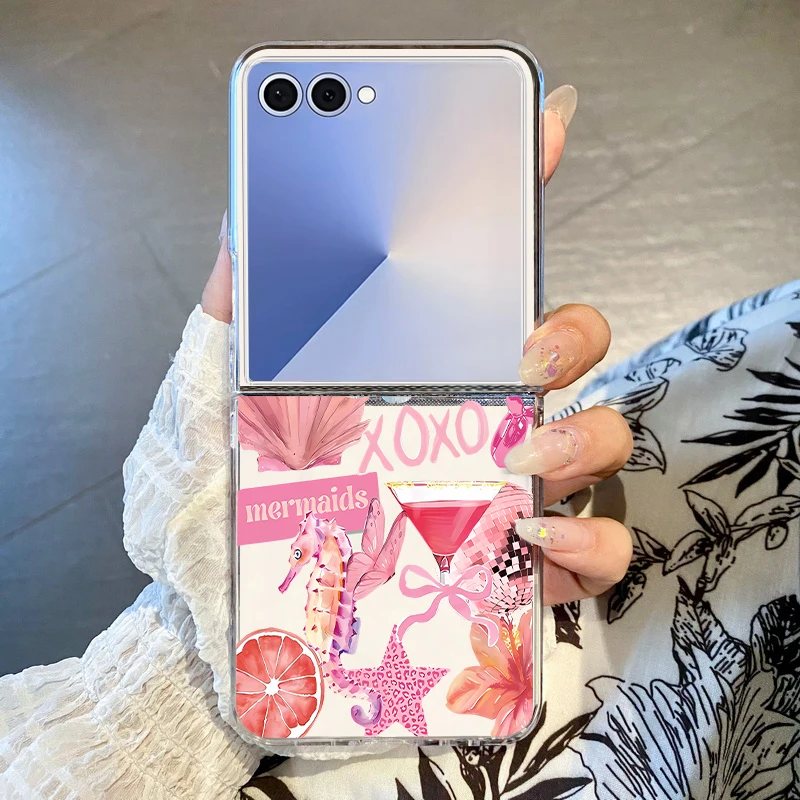Rosa Seepferdchen-Stern-Muster-Handyhülle für Samsung Galaxy Z Flip 7, FE 6, 5, 4, 3, hart, transparent, faltbar, für Samsung Z Flip7