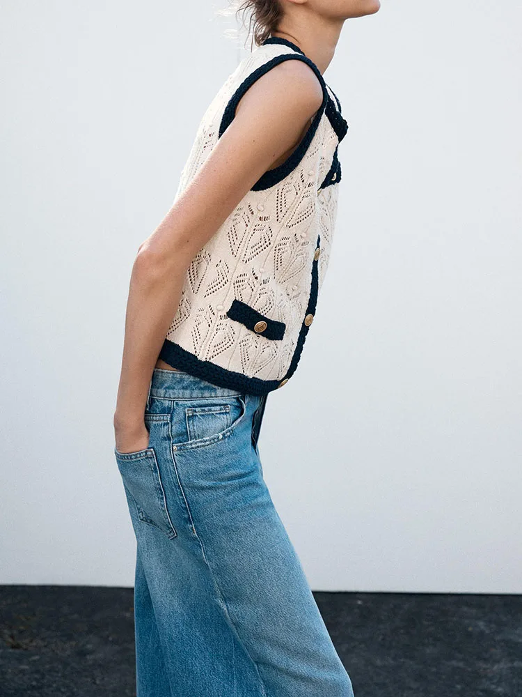 

New Summer Women's Knitted Vest-Sle Top round Ne Tassel Flower Pattern Eyelet Knitwear Casual Commute Sle Straight Cut