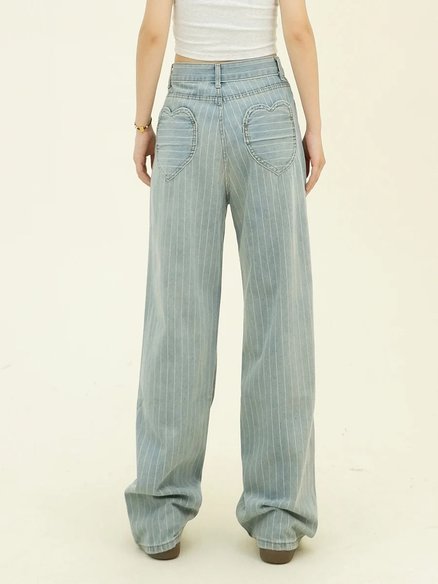 

Vertical Striped Washed Jeans Female 2024 Spring New American High Street Couple Straight Wide Legs.