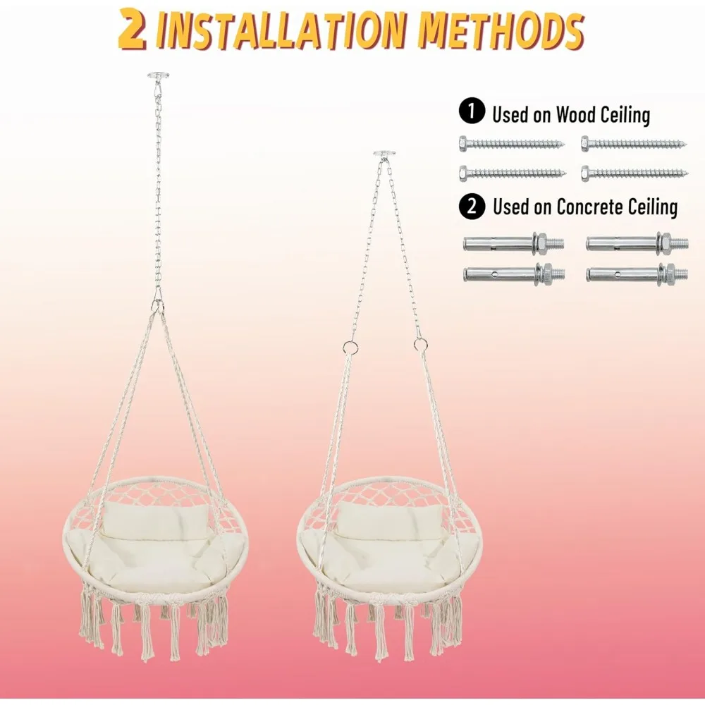 Hammock Hanging Swinging Chair with Medium Cushion, Perfect for Bedroom, Porch, Adults, Balcony, Beige