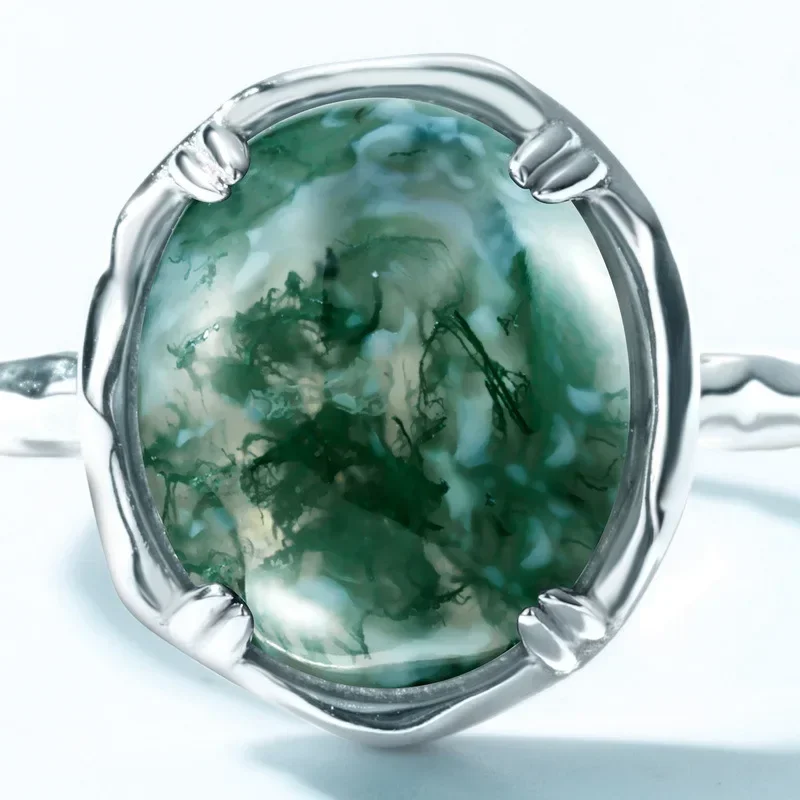 S925 الفضة مطلي 18K الذهب PT950 البلاتين الأخضر موس الدائري للنساء أربعة مخلب مطعمة العشب المياه العقيق الدائري