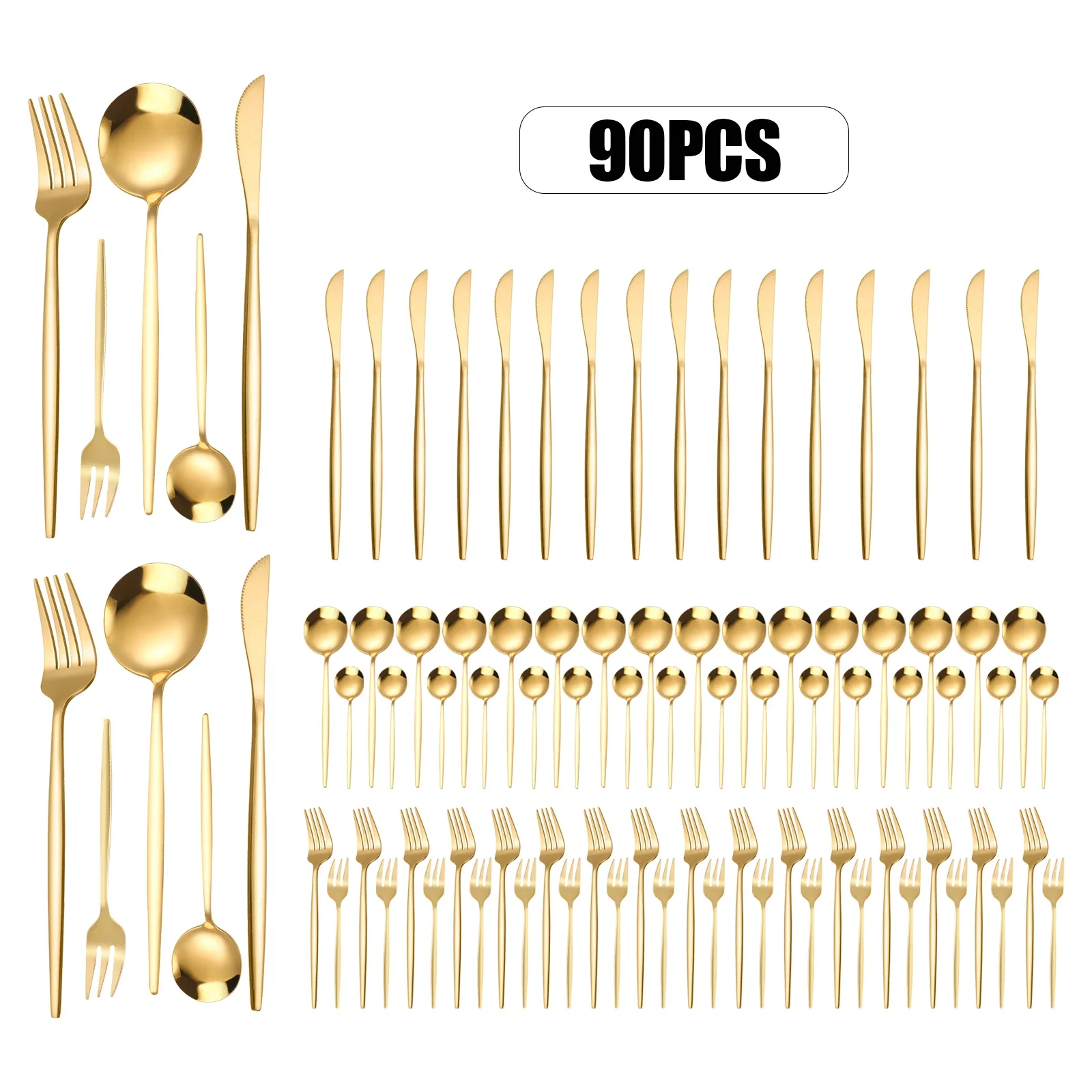 Juego de cubiertos dorados elegantes de 90 piezas, 18 tenedores, cucharas, cuchillos, Cucharas, tenedores para ensalada en caja de regalo, nuevo